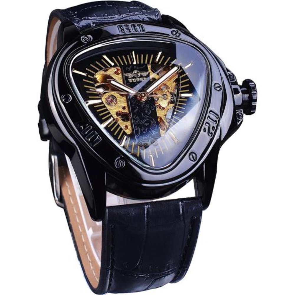 Fashion Mechanical Wrist Watch Triangle Racing Dial, Waterproof Golden, Black_1